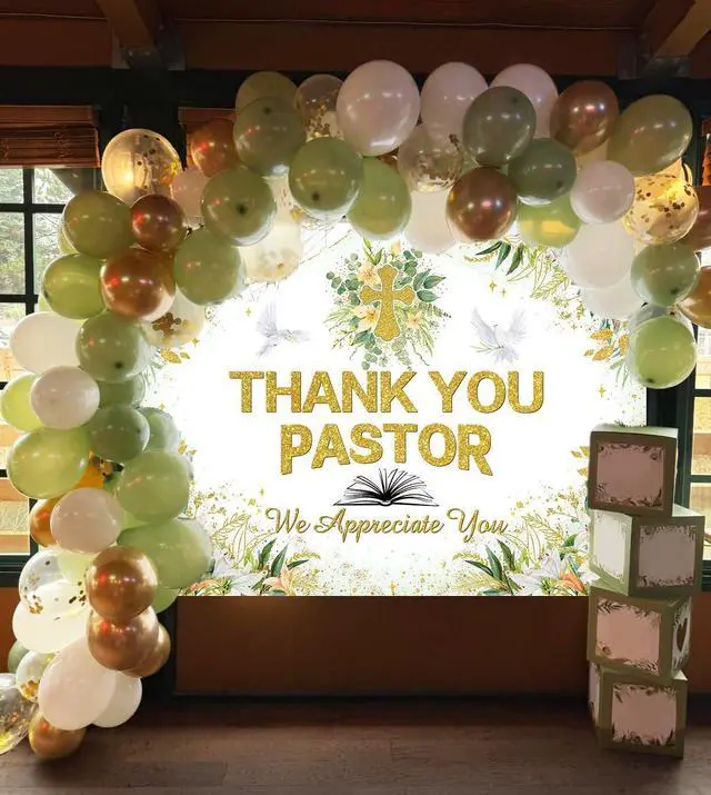 Alt view image 4 of 7 - Thank You Pastor Backdrop 8x6FT Greenery Pastor Appreciation Week Banner Background Bible Cross Appreciation Month Party Decorations Supplies Photo Props