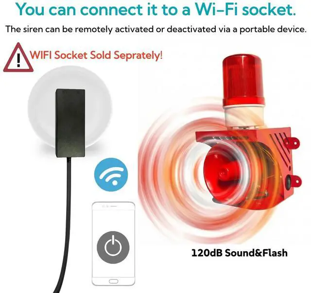 Alt view image 2 of 6 - AC110V Industrial Siren Alarm with Strobe Light, 120dB Loud Horn & Red Beacon, Wi-Fi Smart Socket Compatible (WiFi Socket Not Included), Waterproof Indoor/Outdoor Safety Warning Alarm