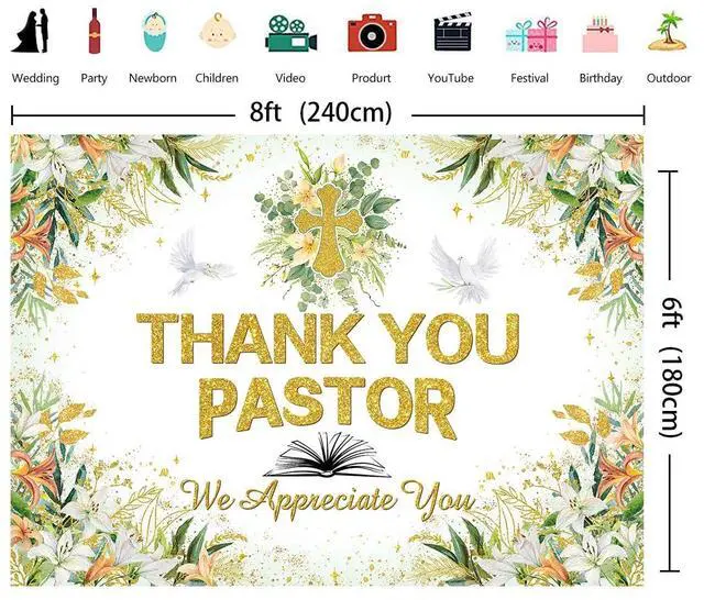 Alt view image 6 of 7 - Thank You Pastor Backdrop 8x6FT Greenery Pastor Appreciation Week Banner Background Bible Cross Appreciation Month Party Decorations Supplies Photo Props