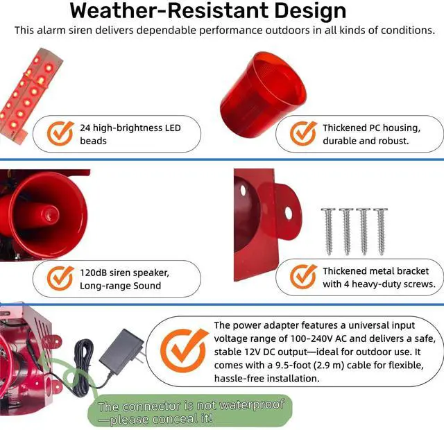 Alt view image 3 of 6 - AC110V Industrial Siren Alarm with Strobe Light, 120dB Loud Horn & Red Beacon, Wi-Fi Smart Socket Compatible (WiFi Socket Not Included), Waterproof Indoor/Outdoor Safety Warning Alarm