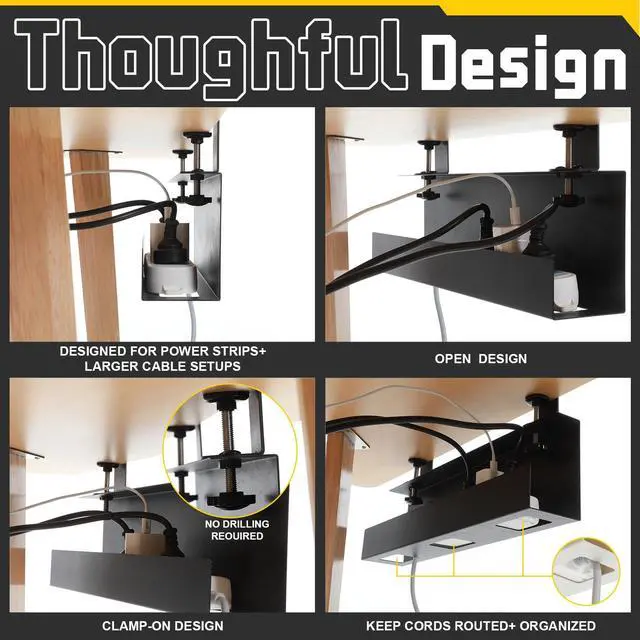 Alt view image 3 of 7 - 16×5×3 Inch No Drill Clamp-on Power Strip Cable Management Tray Under Standing Desk Steel Cable Organizer Wire Cord Tamer for Office, Home, Garage(Black)