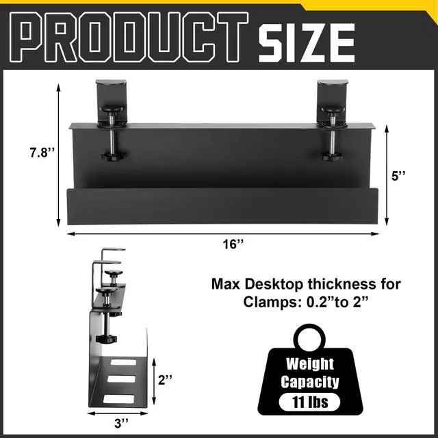 Alt view image 2 of 7 - 16×5×3 Inch No Drill Clamp-on Power Strip Cable Management Tray Under Standing Desk Steel Cable Organizer Wire Cord Tamer for Office, Home, Garage(Black)