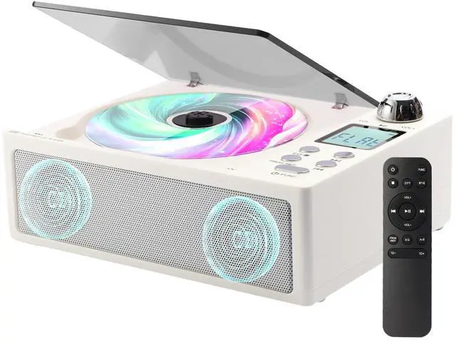 Main image of CD Player Portable, Desktop CD Players for Home with Cable and Adapter, Dual Speakers, Support Opt/USB/TF Card/AUX/FM with Remote Control, LCD Display, 3.5mm Headphone Jack, White