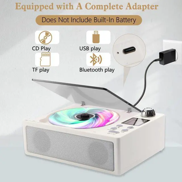 Alt view image 2 of 6 - CD Player Portable, Desktop CD Players for Home with Cable and Adapter, Dual Speakers, Support Opt/USB/TF Card/AUX/FM with Remote Control, LCD Display, 3.5mm Headphone Jack, White