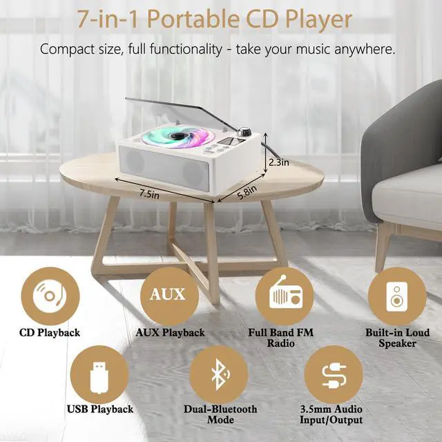 Alt view image 4 of 6 - CD Player Portable, Desktop CD Players for Home with Cable and Adapter, Dual Speakers, Support Opt/USB/TF Card/AUX/FM with Remote Control, LCD Display, 3.5mm Headphone Jack, White