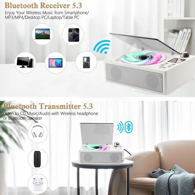 Alt view image 5 of 6 - CD Player Portable, Desktop CD Players for Home with Cable and Adapter, Dual Speakers, Support Opt/USB/TF Card/AUX/FM with Remote Control, LCD Display, 3.5mm Headphone Jack, White