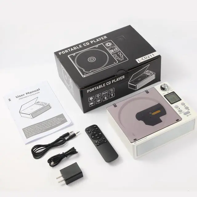 Alt view image 6 of 6 - CD Player Portable, Desktop CD Players for Home with Cable and Adapter, Dual Speakers, Support Opt/USB/TF Card/AUX/FM with Remote Control, LCD Display, 3.5mm Headphone Jack, White