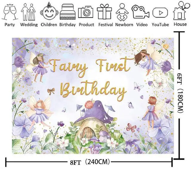 Alt view image 2 of 6 - Purple Fairy First Birthday Backdrop 8x6ft | Floral Fairy Girls 1st Photography Background Purple Tale Theme Birthday Party Decorations