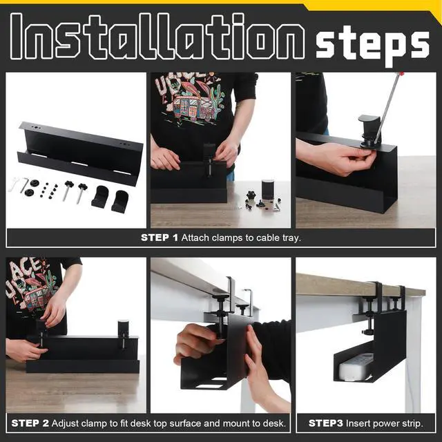 Alt view image 4 of 7 - 16×5×3 Inch No Drill Clamp-on Power Strip Cable Management Tray Under Standing Desk Steel Cable Organizer Wire Cord Tamer for Office, Home, Garage(Black)