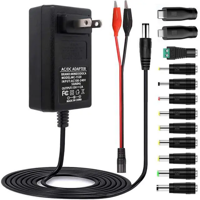 Main image of 15V 2A Power Supply Charger with 12 Adapter Plugs (Input AC 100V-240V, Output DC 15 Volt 2 Amp 30 Watt) Adapter Switching Transformer Converter DC 5.5mm x 2.1mm / 5.5mm x 2.5mm Universal