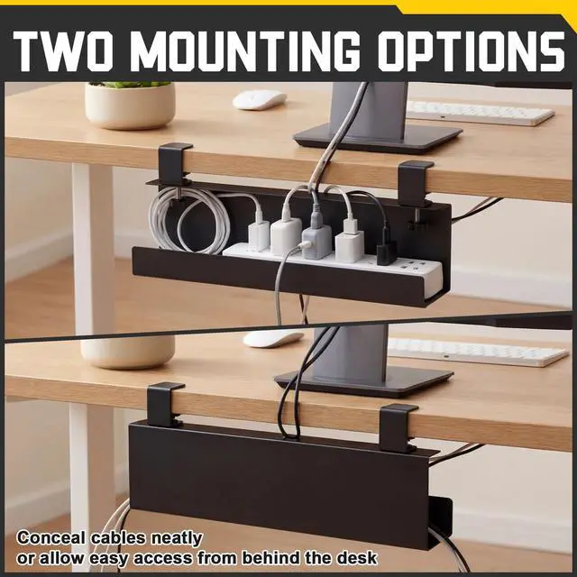Alt view image 7 of 7 - 16×5×3 Inch No Drill Clamp-on Power Strip Cable Management Tray Under Standing Desk Steel Cable Organizer Wire Cord Tamer for Office, Home, Garage(Black)