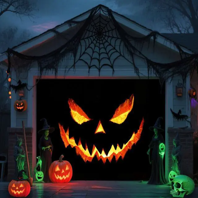 Main image of Halloween Garage Door Cover Banner Decorations, Scary Halloween Holiday Pumpkin Outdoor Car Garage Door Murals Buddy Decorations Backdrops Party Wall Decor Single 8 X 7 Ft