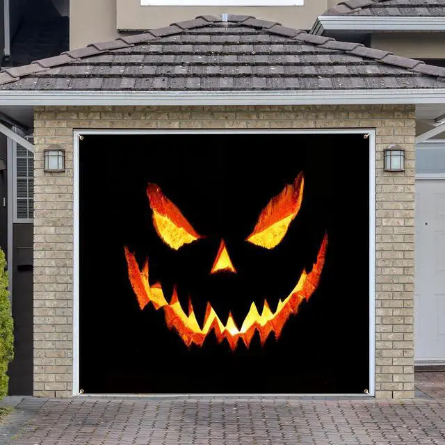 Alt view image 2 of 4 - Halloween Garage Door Cover Banner Decorations, Scary Halloween Holiday Pumpkin Outdoor Car Garage Door Murals Buddy Decorations Backdrops Party Wall Decor Single 8 X 7 Ft