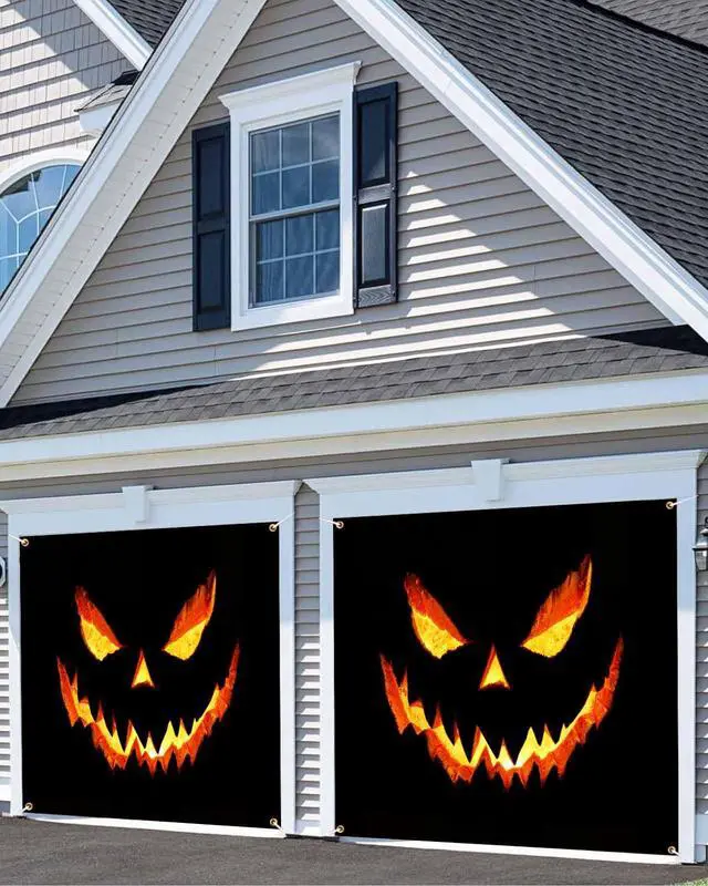 Alt view image 3 of 4 - Halloween Garage Door Cover Banner Decorations, Scary Halloween Holiday Pumpkin Outdoor Car Garage Door Murals Buddy Decorations Backdrops Party Wall Decor Single 8 X 7 Ft