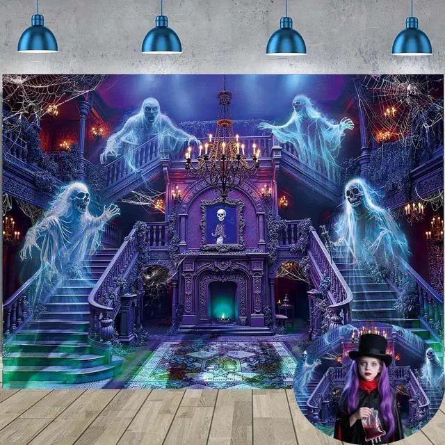 Main image of Halloween Haunted Mansion Backdrop Banner 8x6FT Ghost Staircase Spooky Castle Fireplace Photography Background Gothic Horror House Halloween Party Decorations for Kids Adults Photo Booth Props