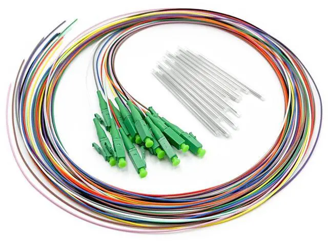 Main image of 1.5 Meter 12 Strand Single Mode LC APC Fiber Pigtail, 9/125um, OS1/OS2 Compatible, Includes 12 Fiber Optic Fusion Splice Protective Shrink Sleeves
