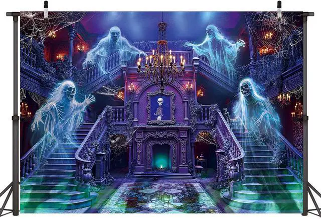 Alt view image 2 of 7 - Halloween Haunted Mansion Backdrop Banner 8x6FT Ghost Staircase Spooky Castle Fireplace Photography Background Gothic Horror House Halloween Party Decorations for Kids Adults Photo Booth Props