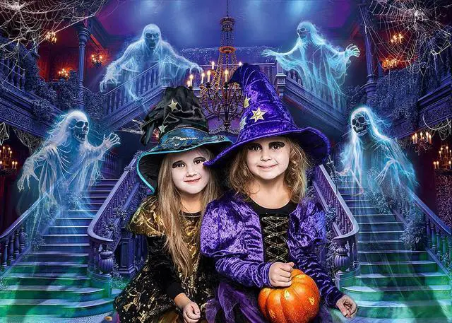 Alt view image 3 of 7 - Halloween Haunted Mansion Backdrop Banner 8x6FT Ghost Staircase Spooky Castle Fireplace Photography Background Gothic Horror House Halloween Party Decorations for Kids Adults Photo Booth Props