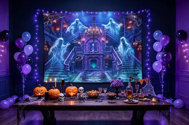 Alt view image 4 of 7 - Halloween Haunted Mansion Backdrop Banner 8x6FT Ghost Staircase Spooky Castle Fireplace Photography Background Gothic Horror House Halloween Party Decorations for Kids Adults Photo Booth Props
