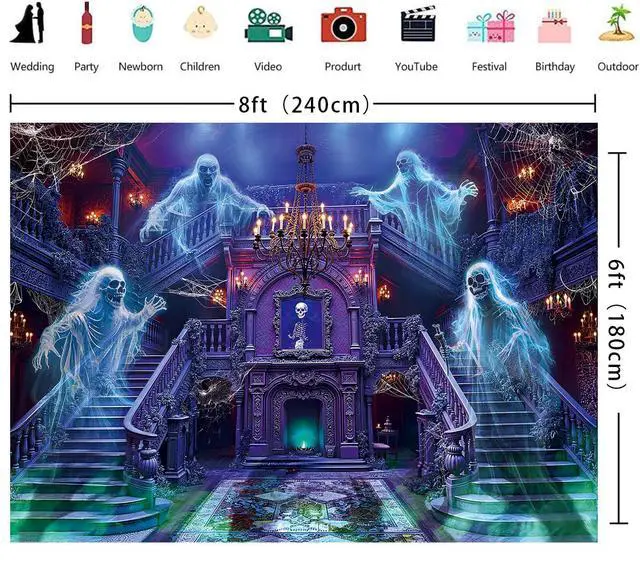 Alt view image 6 of 7 - Halloween Haunted Mansion Backdrop Banner 8x6FT Ghost Staircase Spooky Castle Fireplace Photography Background Gothic Horror House Halloween Party Decorations for Kids Adults Photo Booth Props