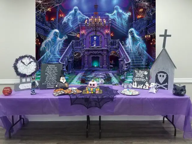 Alt view image 5 of 7 - Halloween Haunted Mansion Backdrop Banner 8x6FT Ghost Staircase Spooky Castle Fireplace Photography Background Gothic Horror House Halloween Party Decorations for Kids Adults Photo Booth Props