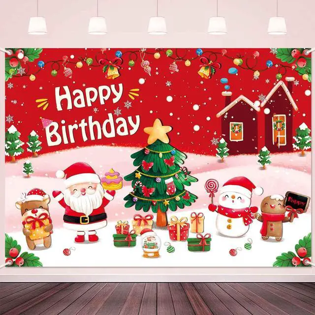 Main image of 7x5ft Christmas Happy Birthday Banner Backdrop Pink Red Merry Christmas Birthday Party Decorations for Girls Xmas Tree Santa Theme Photography Background Fabric Wall Cover