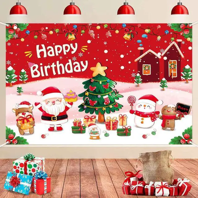 Alt view image 2 of 7 - 7x5ft Christmas Happy Birthday Banner Backdrop Pink Red Merry Christmas Birthday Party Decorations for Girls Xmas Tree Santa Theme Photography Background Fabric Wall Cover