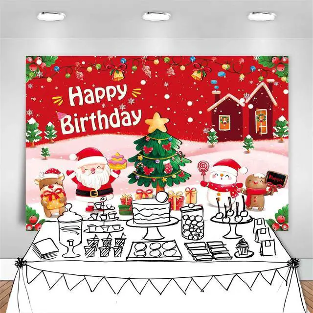 Alt view image 6 of 7 - 7x5ft Christmas Happy Birthday Banner Backdrop Pink Red Merry Christmas Birthday Party Decorations for Girls Xmas Tree Santa Theme Photography Background Fabric Wall Cover
