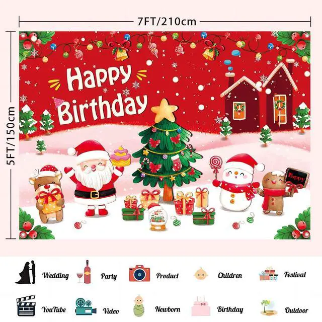 Alt view image 3 of 7 - 7x5ft Christmas Happy Birthday Banner Backdrop Pink Red Merry Christmas Birthday Party Decorations for Girls Xmas Tree Santa Theme Photography Background Fabric Wall Cover