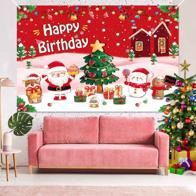 Alt view image 5 of 7 - 7x5ft Christmas Happy Birthday Banner Backdrop Pink Red Merry Christmas Birthday Party Decorations for Girls Xmas Tree Santa Theme Photography Background Fabric Wall Cover