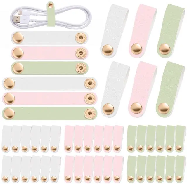 Main image of 52 Pieces PU Leather Cable Strap, Earbud Cord Organizer, PU Leather Handmade Portable USB Cord Holder, Earphone Tie Cable Management,for Home, Travel,School, Office (Green,Pink,White)