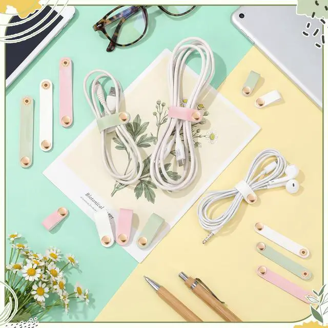 Alt view image 3 of 6 - 52 Pieces PU Leather Cable Strap, Earbud Cord Organizer, PU Leather Handmade Portable USB Cord Holder, Earphone Tie Cable Management,for Home, Travel,School, Office (Green,Pink,White)