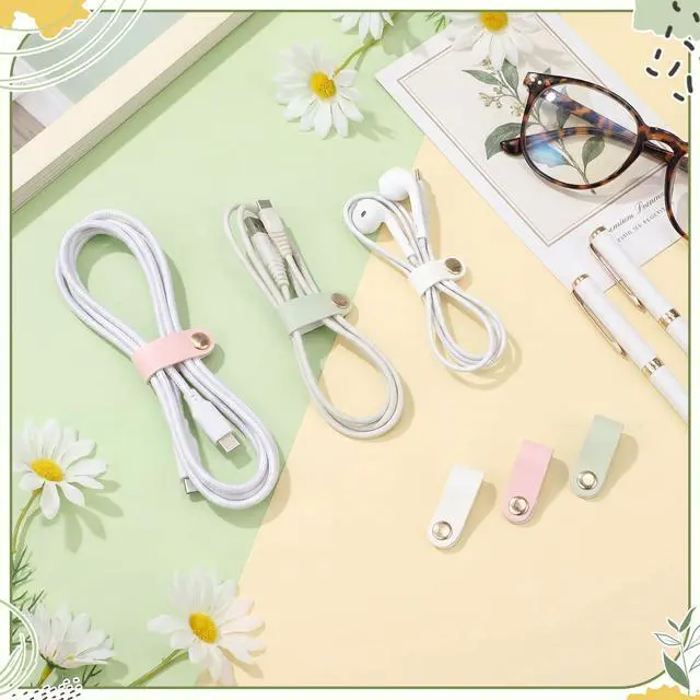 Alt view image 4 of 6 - 52 Pieces PU Leather Cable Strap, Earbud Cord Organizer, PU Leather Handmade Portable USB Cord Holder, Earphone Tie Cable Management,for Home, Travel,School, Office (Green,Pink,White)
