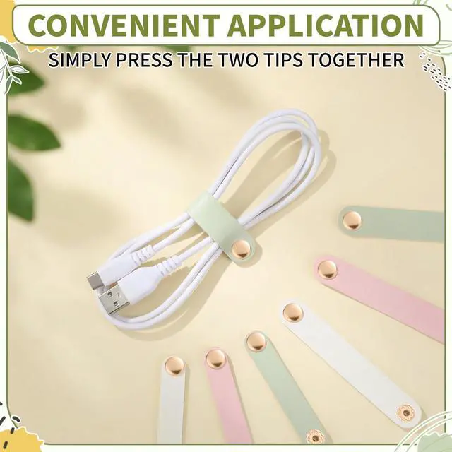 Alt view image 5 of 6 - 52 Pieces PU Leather Cable Strap, Earbud Cord Organizer, PU Leather Handmade Portable USB Cord Holder, Earphone Tie Cable Management,for Home, Travel,School, Office (Green,Pink,White)