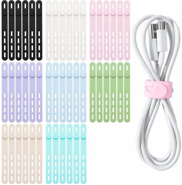 Main image of 48 Pcs Silicone Cable Ties Reusable Cord Organizer with 4-hole | Colorful Cable Wraps High Elasticity for Electrical Cords Organizer for Chargers Power Cords Travel Home Office Earphone