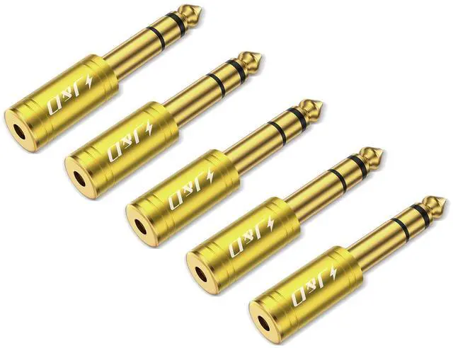 Main image of 5-Pack 1/4 to 1/8 Headphone Adapter, 6.35 mm to 3.5 mm Stereo TRS Male to Female, Gold-Plated 3.5mm Plug Jack Connector for Guitar, Amp, Keyboard, Bass, Yellow