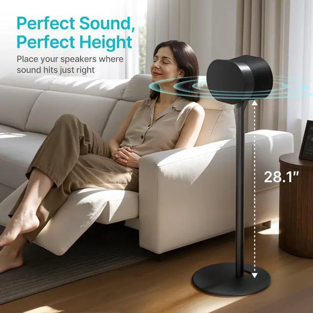 Alt view image 3 of 6 - Speaker Stand Pair, Only Compatible with Sonos Era 100 and 300, Black | 22 LBS Capacity, 28.1" Fixed Height, Metal Base, Bookshelf Speaker Stands for Sonos Era Speakers, 1 Pair, Black