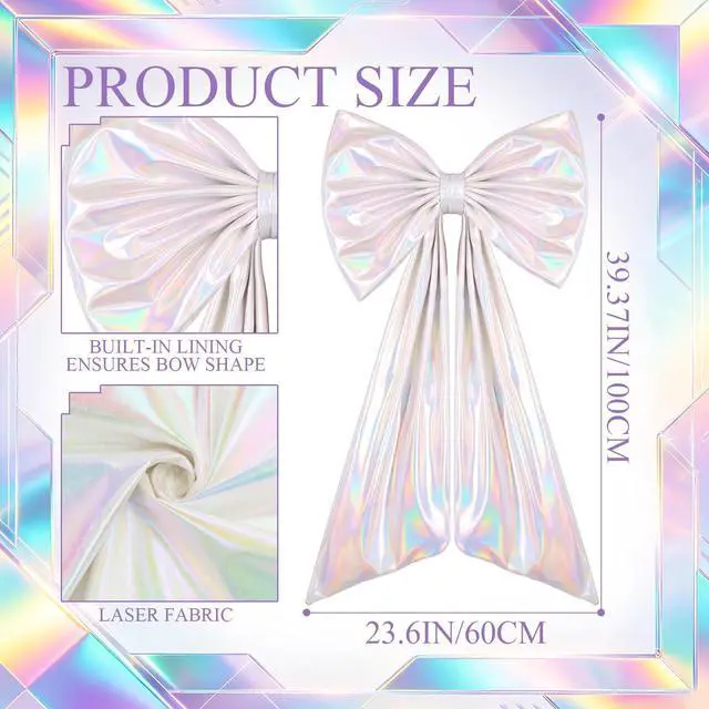 Alt view image 2 of 6 - Oversized Iridescent Bow Wall Decor Large Bow Decoration Party | Laser White 40x24 Inch Giant Bow for Bachelorette Bridal Shower Disco Coquette Y2K Birthday