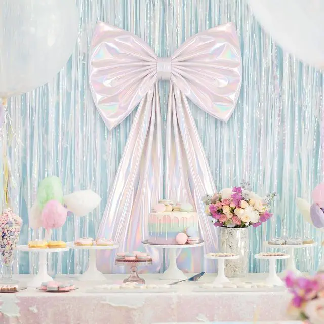 Alt view image 3 of 6 - Oversized Iridescent Bow Wall Decor Large Bow Decoration Party | Laser White 40x24 Inch Giant Bow for Bachelorette Bridal Shower Disco Coquette Y2K Birthday