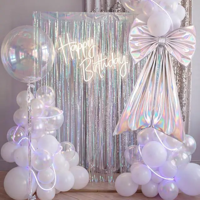 Alt view image 5 of 6 - Oversized Iridescent Bow Wall Decor Large Bow Decoration Party | Laser White 40x24 Inch Giant Bow for Bachelorette Bridal Shower Disco Coquette Y2K Birthday