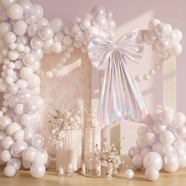Alt view image 6 of 6 - Oversized Iridescent Bow Wall Decor Large Bow Decoration Party | Laser White 40x24 Inch Giant Bow for Bachelorette Bridal Shower Disco Coquette Y2K Birthday