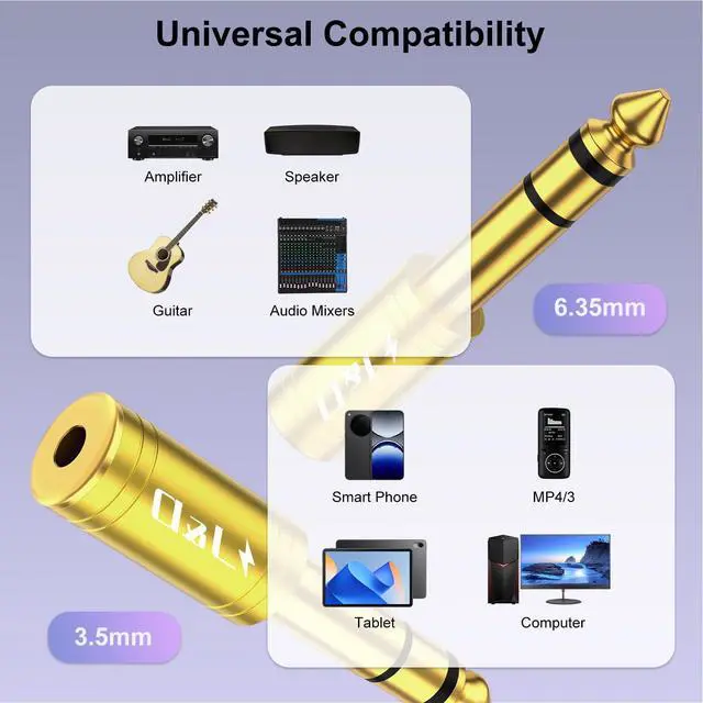 Alt view image 4 of 6 - 5-Pack 1/4 to 1/8 Headphone Adapter, 6.35 mm to 3.5 mm Stereo TRS Male to Female, Gold-Plated 3.5mm Plug Jack Connector for Guitar, Amp, Keyboard, Bass, Yellow
