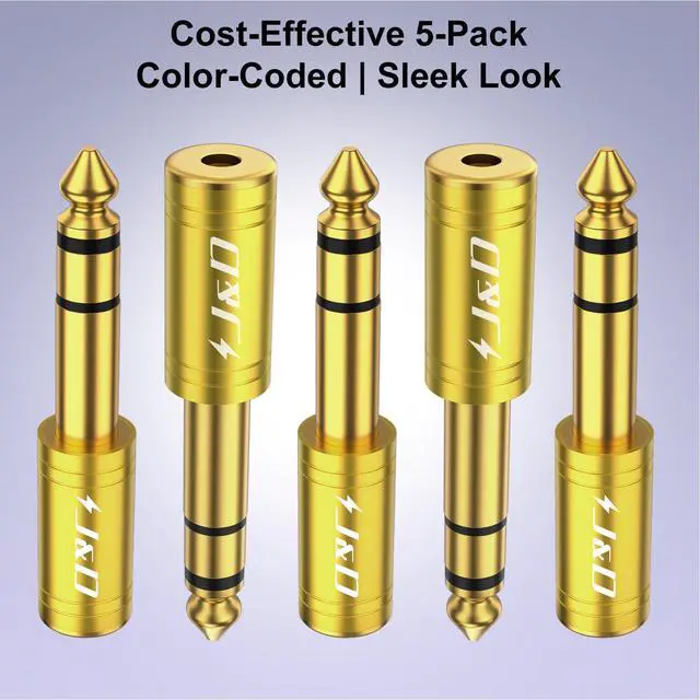 Alt view image 6 of 6 - 5-Pack 1/4 to 1/8 Headphone Adapter, 6.35 mm to 3.5 mm Stereo TRS Male to Female, Gold-Plated 3.5mm Plug Jack Connector for Guitar, Amp, Keyboard, Bass, Yellow