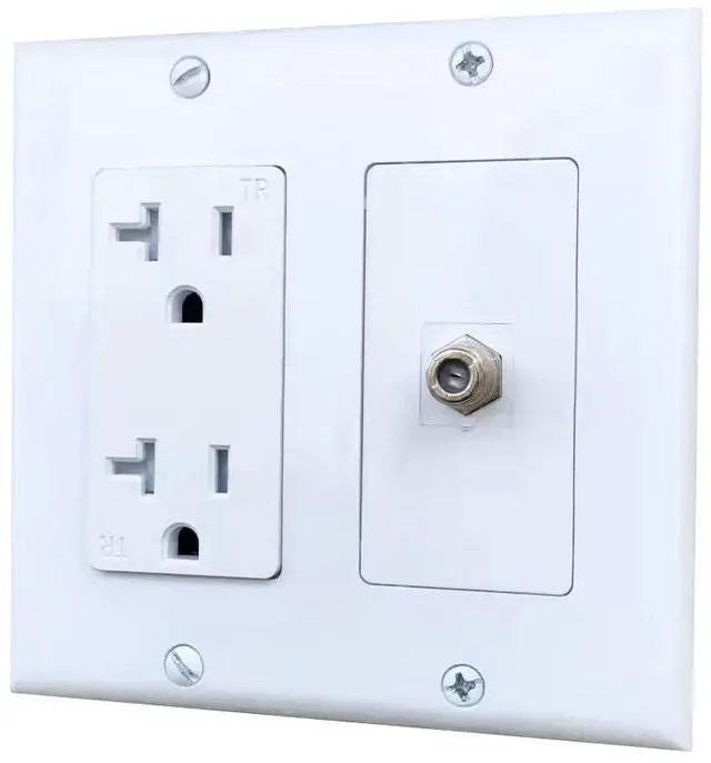 Main image of 20Amp Power Outlet with 1 Port Coax Insert Wall Plate - Electrical Outlet and Coaxial Cable TV Cover Plate for Wall Mount TV - White