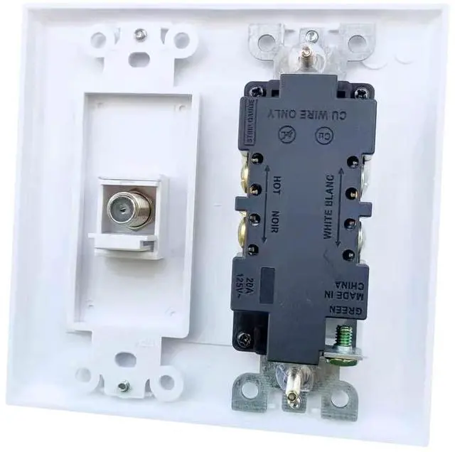 Alt view image 2 of 4 - 20Amp Power Outlet with 1 Port Coax Insert Wall Plate - Electrical Outlet and Coaxial Cable TV Cover Plate for Wall Mount TV - White