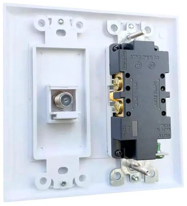 Alt view image 3 of 4 - 20Amp Power Outlet with 1 Port Coax Insert Wall Plate - Electrical Outlet and Coaxial Cable TV Cover Plate for Wall Mount TV - White