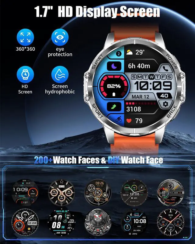 Alt view image 6 of 6 - Military Smart Watch for Men with 1200mAh Long Battery, 1.7" HD Display, Bluetooth Call, LED Flashlight, 5ATM Waterproof, 110+ Sports Modes, Heart Rate & Sleep Monitor, Fitness Watch for Android & iOS