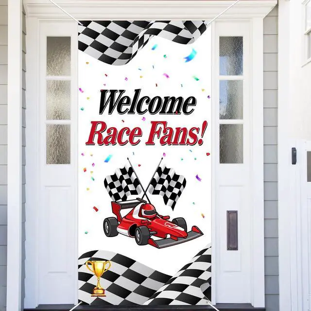 Main image of Welcome Race Fans Racing Car Birthday Photo Booth Props Banner Backdrop Background Trophy Check Flag F1 F3 Theme Decor for Hot Wheels Birthday Party Flag Supplies Favors Decorations