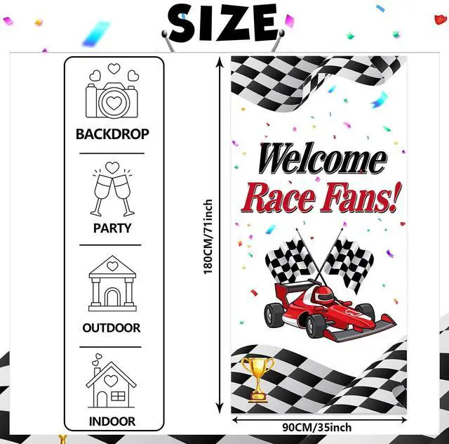 Alt view image 2 of 7 - Welcome Race Fans Racing Car Birthday Photo Booth Props Banner Backdrop Background Trophy Check Flag F1 F3 Theme Decor for Hot Wheels Birthday Party Flag Supplies Favors Decorations