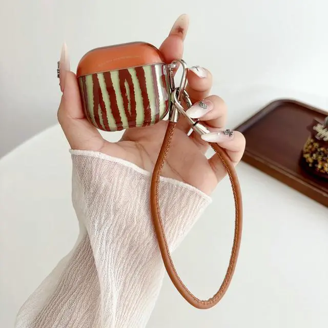Alt view image 3 of 7 - JANMD for AirPods 3 Case with Strap, Fashion Simple Brown Green Irregular Stripes Design Charm Keychain Women Girls Shockproof Case for AirPods 3